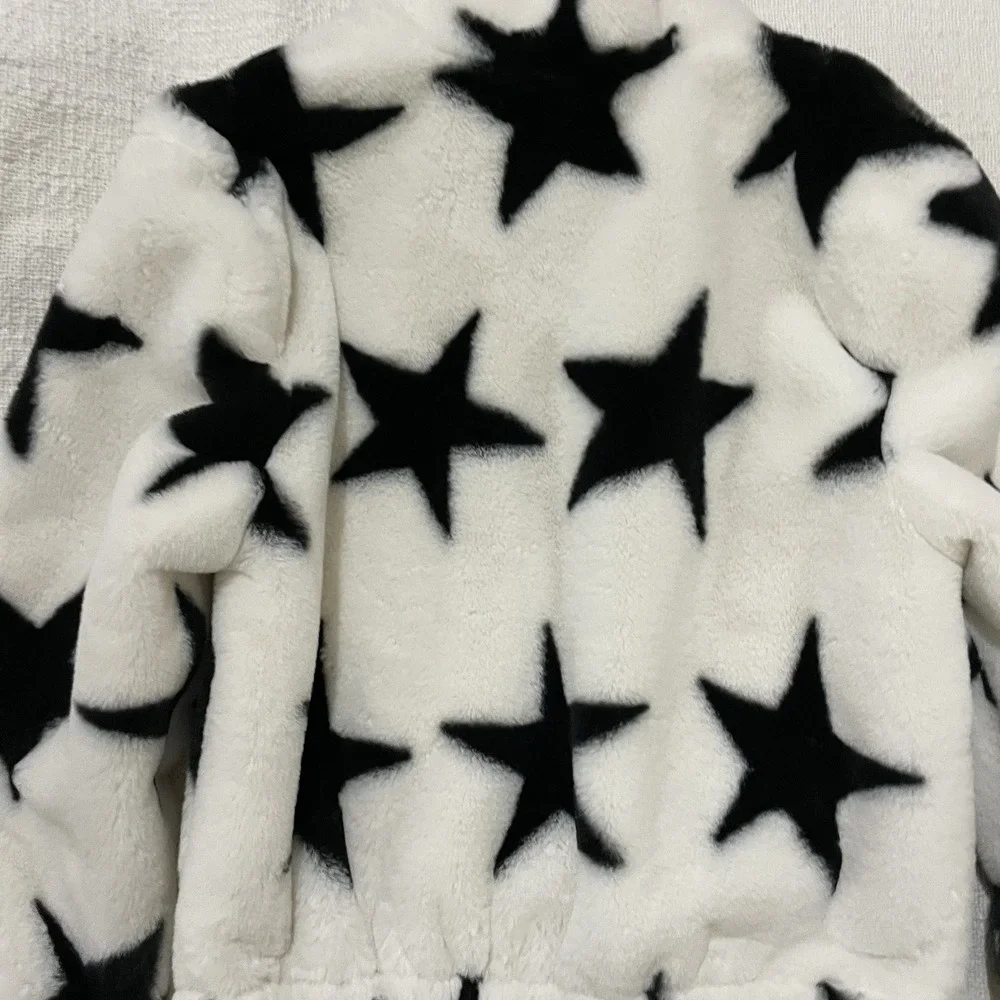 Old Navy Faux Fur White Star Zip-up Hooded‎ Lined Jacket Girls 10/12 Large EUC